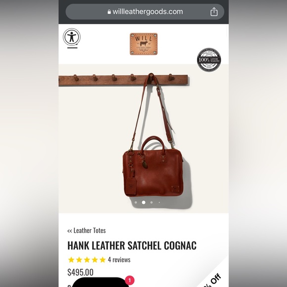 HANK LEATHER SATCHEL-COGNAC-EXCELLENT CONDITION - Picture 14 of 15